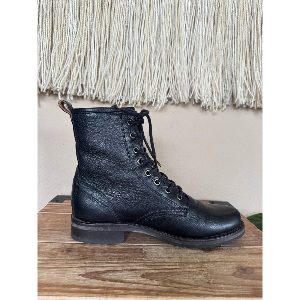 Frye Veronica Flex Combat Black Pebbled Leather Lace Front Ankle Boots Size 8 - Picture 6 of 12
